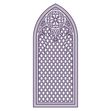 Purple gothic church window with intricate tracery and diamond lattice pattern in vector illustration