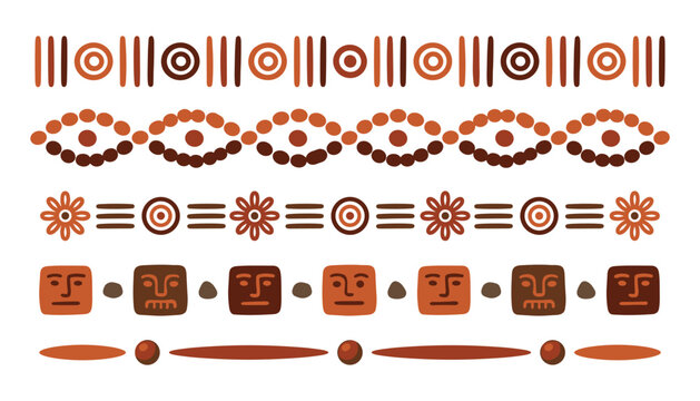 African Tribal Borders Vector Pattern Set Featuring Ethic Geometric Dividers Aztec Ornaments Terracotta Colors and Traditional Mask Elements Illustration