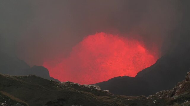 Erupting Lava Lake Churning In Crater Of Volcano