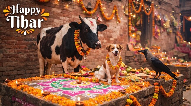 Tihar festival animal worship with cow, dog, and crow