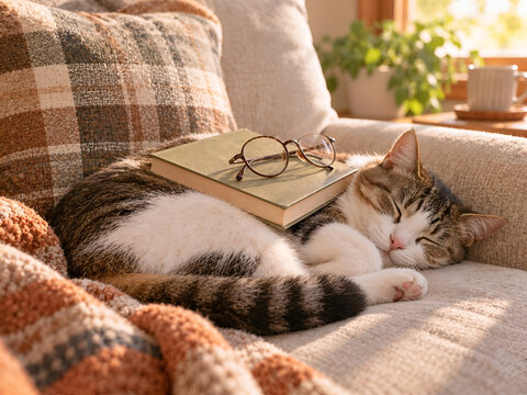 Sleeping Cat with Book and Reading Glasses in Cozy Sunlit Home