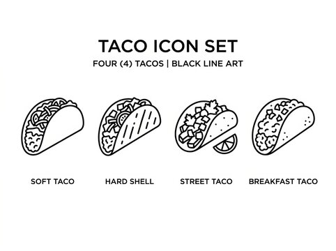 Set of four stylish black line art taco icons for food menus and branding.