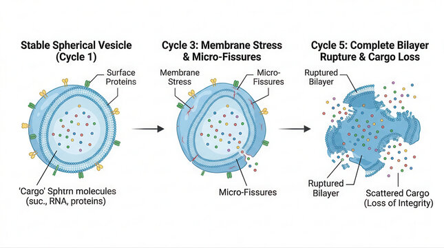 Vesicle Formation and Rupture Stages, featuring exosome serum, stable spherical vesicle, membrane stress, micro-fissures, cargo, rna, surface proteins