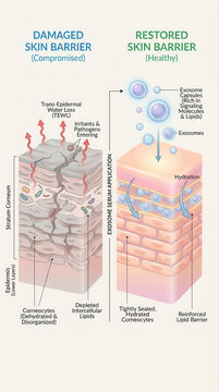 Comparison of Damaged and Restored Skin Barriers, featuring exosome serum, damaged skin, exosomes, hydration, lipids, intercellular lipids, corneocytes
