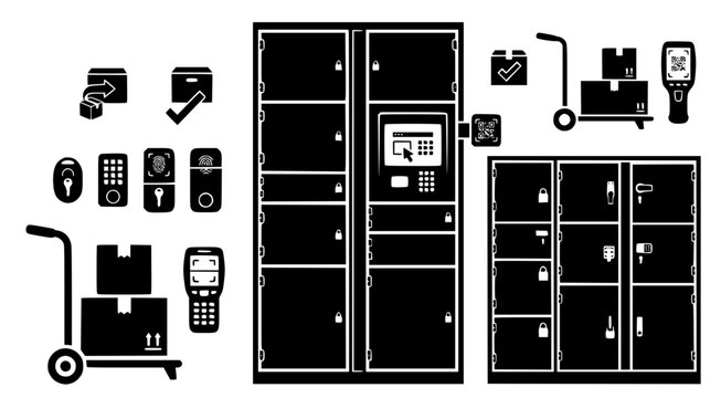 Automated parcel locker station with delivery logistics tools and scanning equipment in a modern black and white flat vector graphic set for shipping and e-commerce fulfillment services design