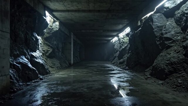 Concrete underground tunnel or cave with water puddles and light beams in dark space