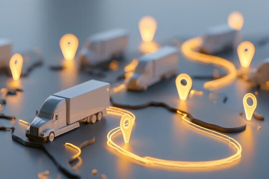 A miniature truck navigates a glowing route marked by illuminated digital location pins on a stylized map.