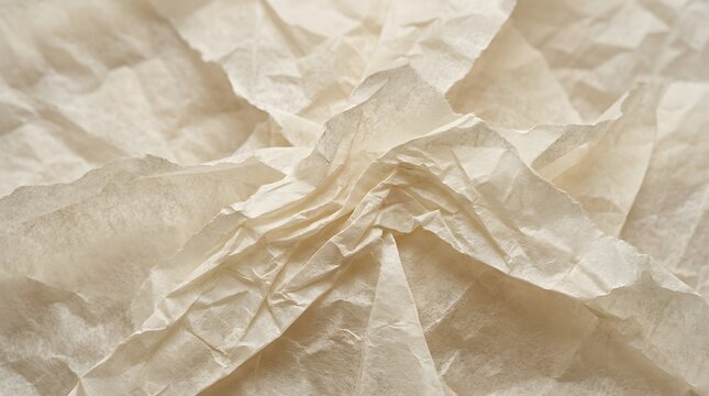 A closeup view of crumpled, thin offwhite parchment or tissue paper with intricate folds, creases, and soft shadows creating a textured pattern