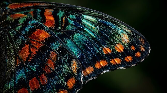 Macro closeup of a vibrant butterfly wing featuring intricate patterns of iridescent teal, orange, and black scales