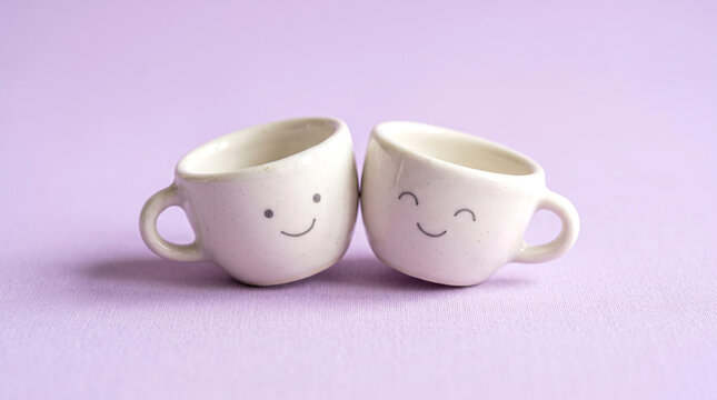 Two Cute Small White Coffee Cups with Smiling Faces Leaning Together