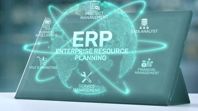 A sleek digital display illustrates enterprise resource plann concepts with global connectivity, highlight project management and financial management icons for modern business solutions. Salient