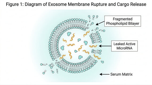 Diagram of Exosome Membrane Rupture and Cargo Release, featuring exosome serum, phospholipid bilayer, microrna, serum matrix, cellular process, biology