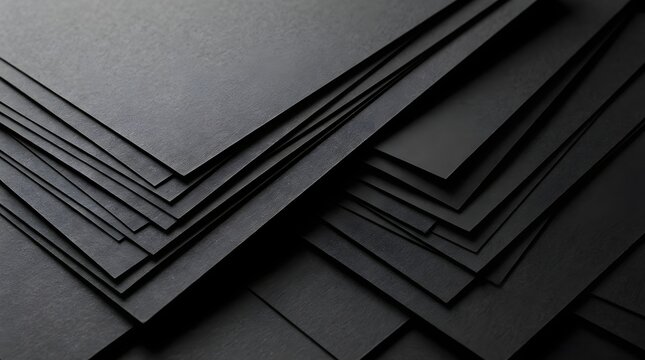 Stack of overlapping black paper sheets with textured surface and sharp edges