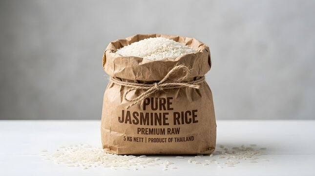 A brown paper bag filled with premium raw jasmine rice, tied with a rustic string, sitting on a white surface with scattered grains