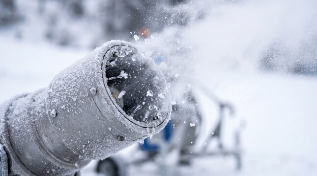 snow cannon producing artificial snow in winter landscape