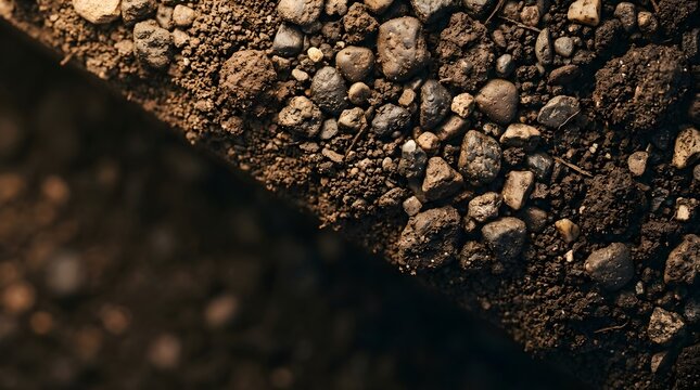 Macro shot of dark soil and small pebbles on a textured ground surface, showing natural earth particles and gravel in a garden setting