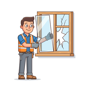 Man replacing broken window pane with new glass in a residential setting