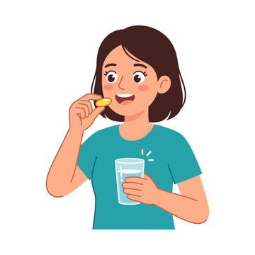Young woman taking omega-3 capsule with water in a cheerful manner