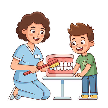 Dentist showing child model teeth with brush