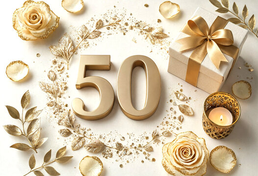 Elegant golden fifty celebration design with roses and decorative elements