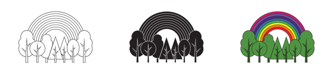 Obraz premium Vector illustration of a tree landscape composition with a rainbow
