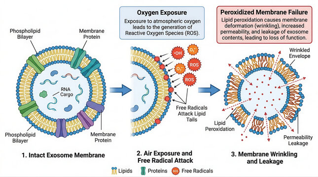 Exosome Membrane Dynamics and Changes, featuring exosome serum, phospholipid bilayer, oxygen exposure, reactive oxygen species, free radicals, lipid peroxidation