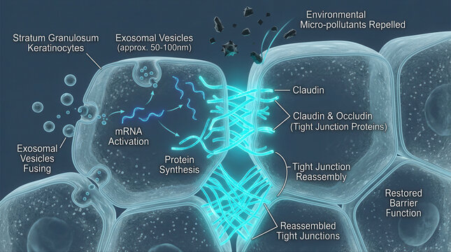 Cellular Interaction and Barrier Restoration, featuring exosome serum, keratinocytes, exosomal vesicles, environmental pollutants, mrna activation, protein synthesis