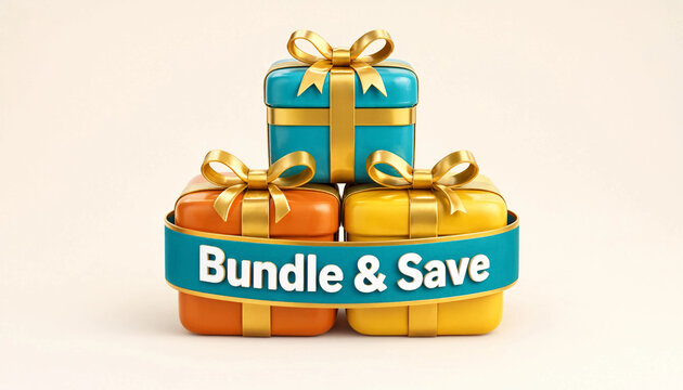 Bundle and save concept with colorful gift boxes wrapped in gold ribbons and teal banner