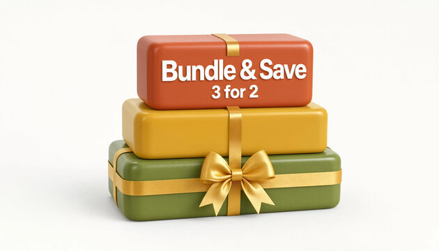Bundle and save promotion concept with three stacked gift boxes and gold ribbon on white background