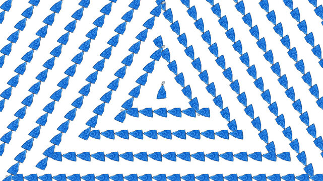 Geometric winter background with blue winter hats arranged in concentric triangle frames on white background