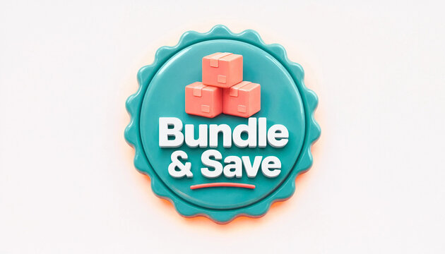 Bundle and save concept with stacked boxes on teal badge for retail promotion and discount strategy