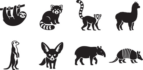 Fototapeta premium Set of exotic animals silhouette icons including sloth and lemur for wildlife study design projects.