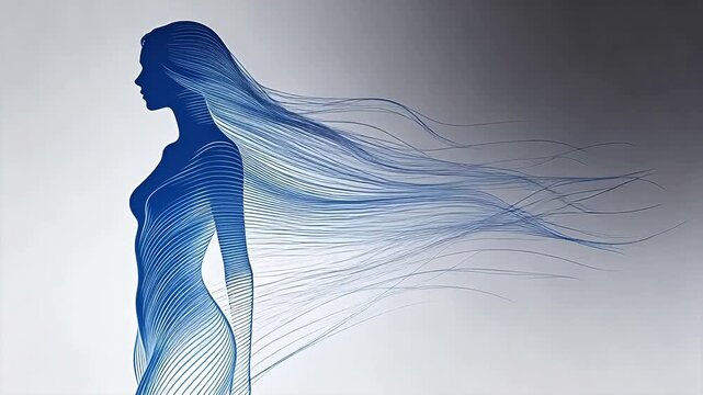 Blue artistic lines forming female side profile silhouette with flowing hair