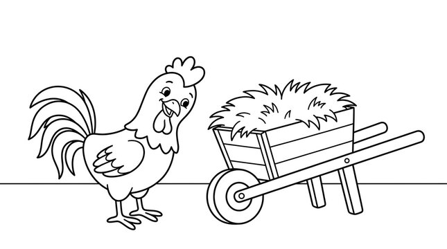 Rooster looking at a hay-filled wheelbarrow