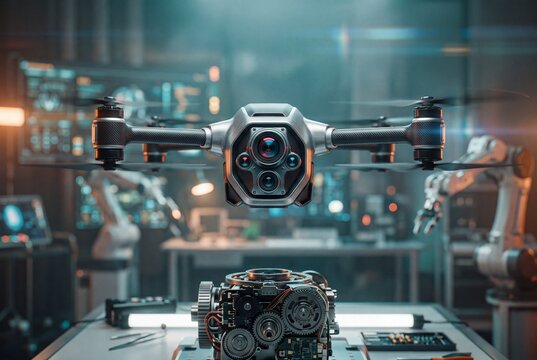 Professional drone maintenance and repair service in a high tech robotics laboratory