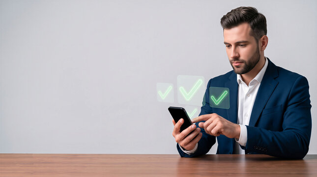Businessman using smartphone with digital checkmark icons representing approval, success, and task completion