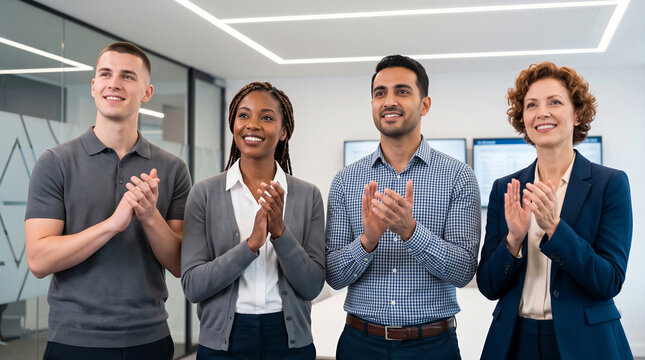 Happy diverse corporate team clapping hands in modern office, celebrating business success, achievement, and teamwork