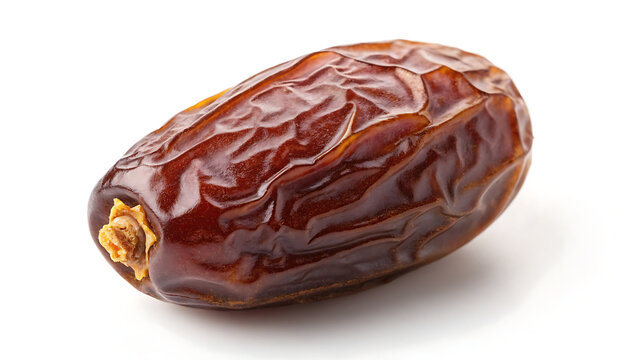 Single dried date fruit isolated on a white background with studio lighting