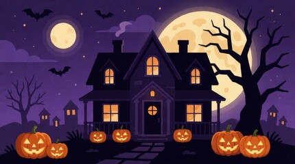 Fototapeta premium Spooky haunted house with glowing jack o lanterns under a full moon in a dark purple night sky