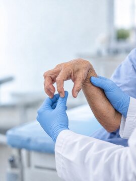 Doctor examining severe hand deformity and rigidity in elderly patient