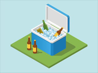 A bright isometric artwork showcases an open blue cooler overflowing with jagged ice blocks and chilled beverages, resting upon a neat square of green grass alongside two unopened brown glass bottles © Skyframe