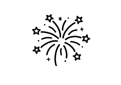 Celebration Fireworks with Stars Black Outline Isolated on White Background
