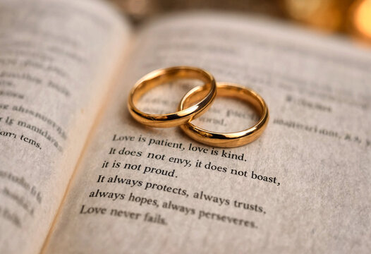Golden wedding rings placed on open book with love passage text
