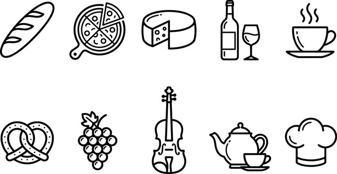 European gourmet food and cafe culture line icon set with baguette pizza cheese wine coffee pretzel grapes violin and chef hat symbols
