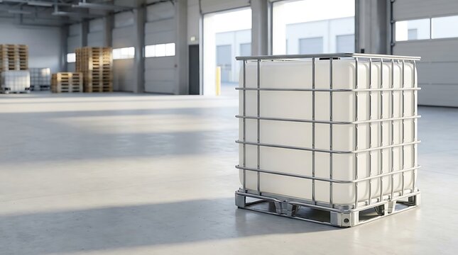Large plastic water tank in a metal cage on a wooden pallet inside a clean industrial warehouse. ibc container