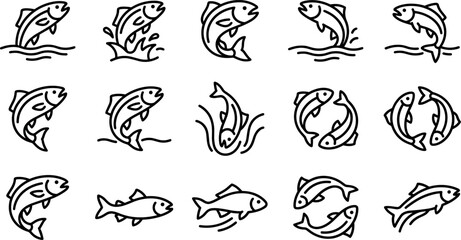 Obraz premium Fish jumping and salmon fishing line icon set with swimming trout sea seafood marine life aquatic nature and angling hobby vector symbols