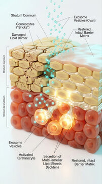 Skin Layer Structure and Function, featuring exosome serum, skin anatomy, stratum corneum, lipid barrier, exosome vesicles, keratinocytes, cellular structure