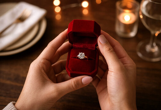 Hands Holding Diamond Engagement Ring Inside Velvet Box On Table