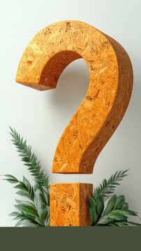 Wooden question mark, foliage, white background; FAQ concept