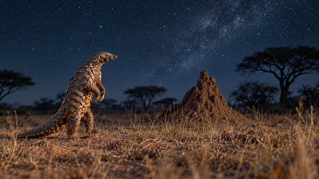 Ground pangolin walking upright across the savanna at night under a starry sky